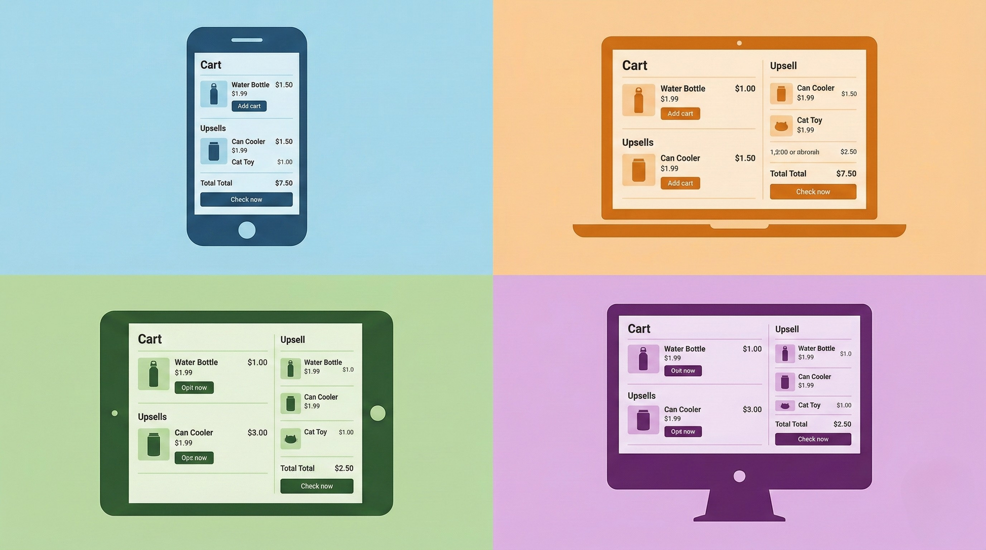 Four devices displaying a shopping cart interface on a multicolored background