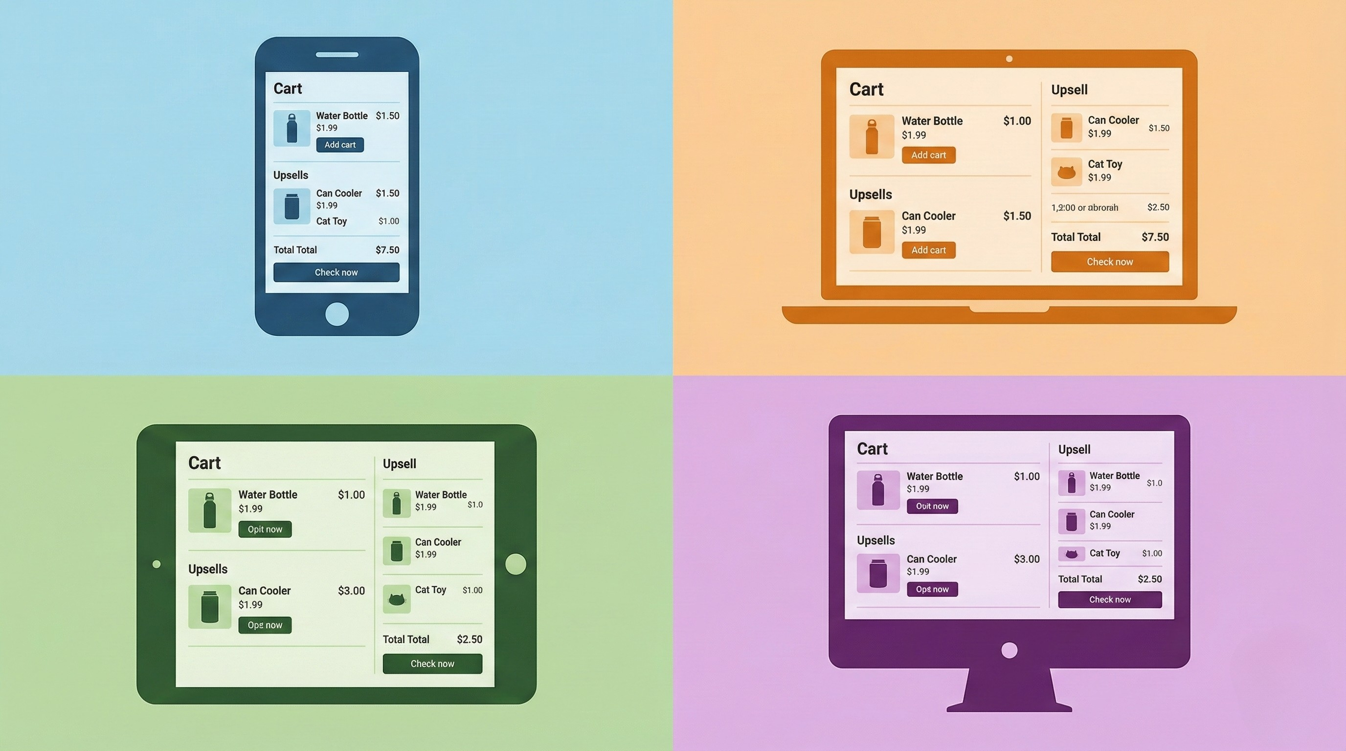 Four devices displaying a shopping cart interface on a multicolored background