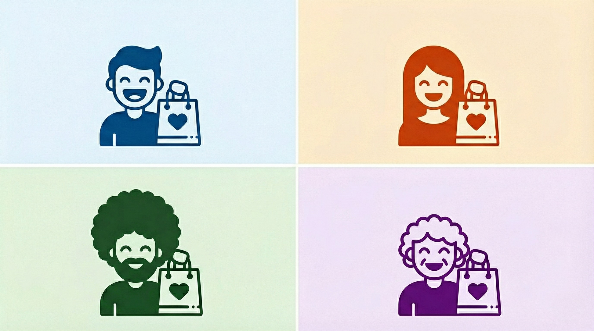 Four icons of people with shopping bags on a multicolored background