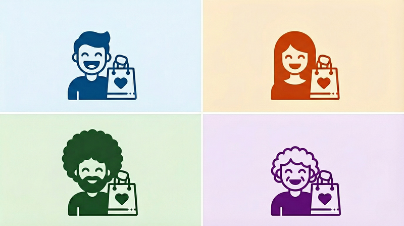 Four icons of people with shopping bags on a multicolored background