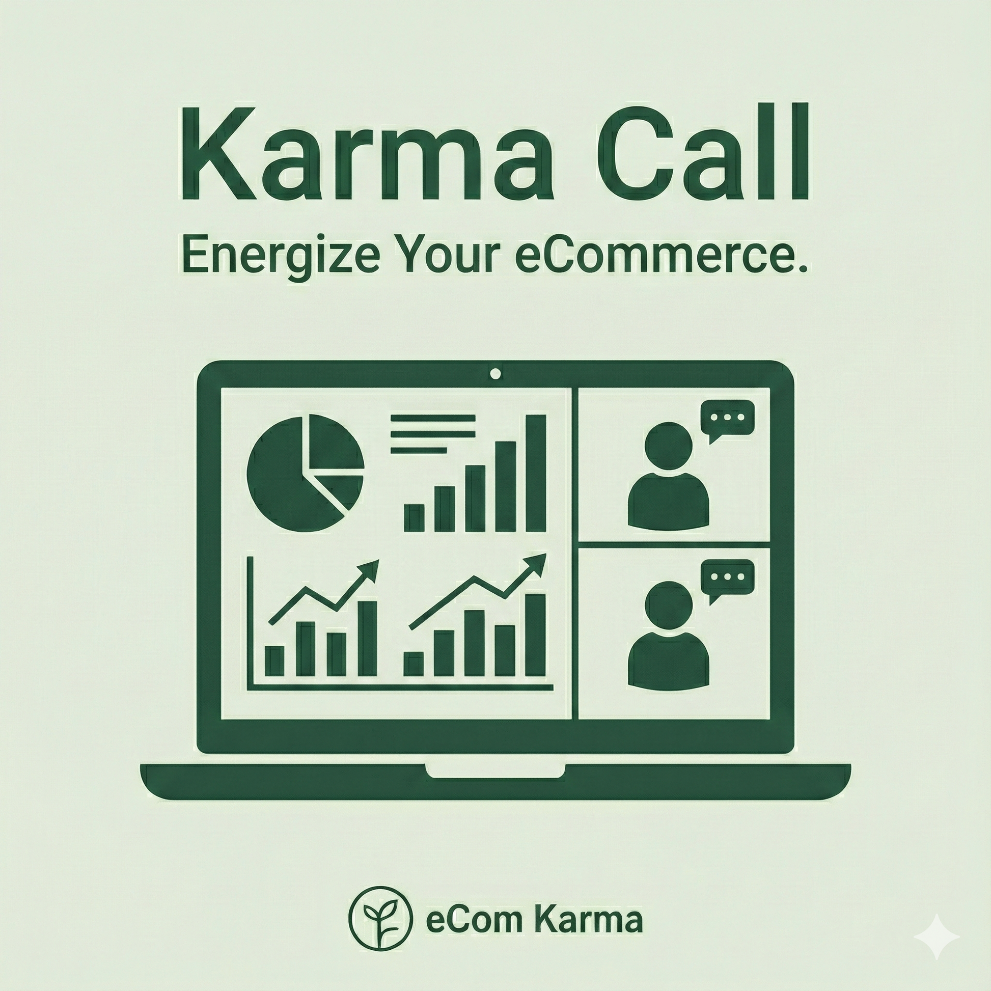 Promotional graphic for a free'Karma Call' with a laptop icon displaying graphs and people, on a light green background. 