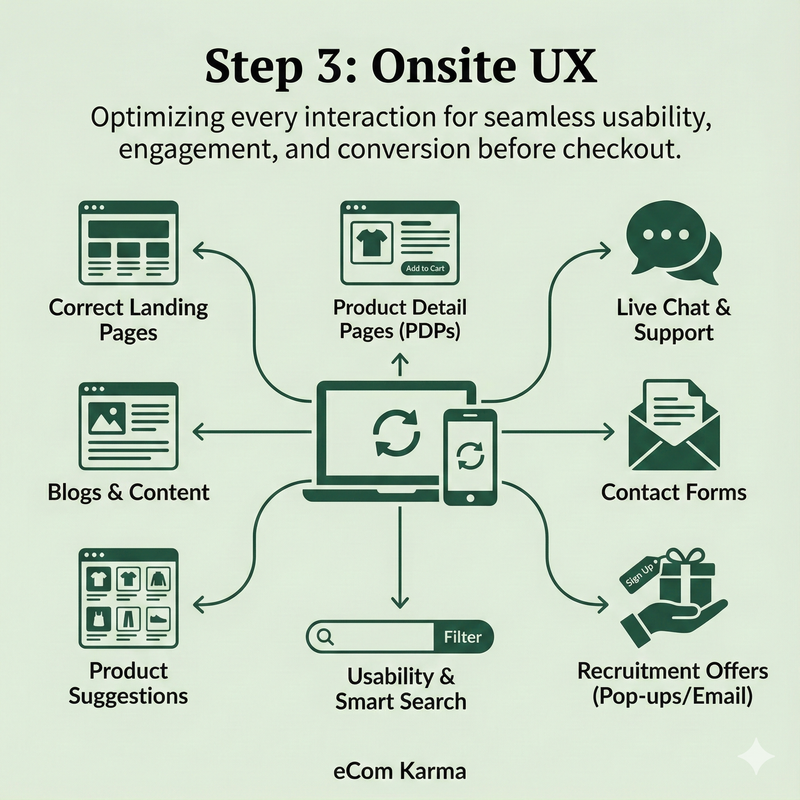 Onsite UX infographic: mobile-first shopping experience, guidance, and conversion elements