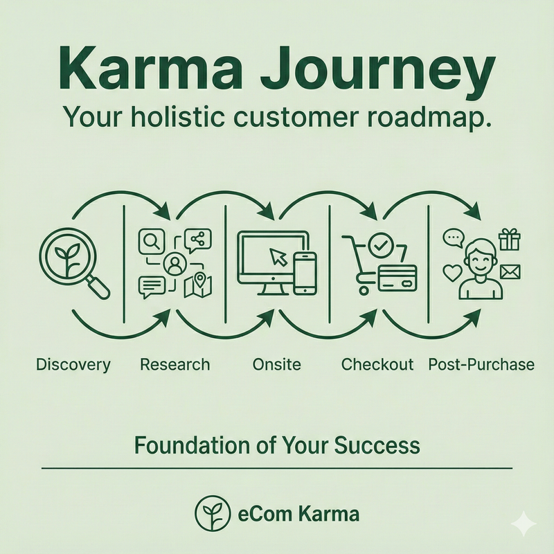 Karma Journey service overview infographic: customer journey roadmap (Discovery to Post-Purchase)