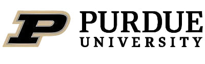 Purdue University logo with a gold and black 'P' on a white background